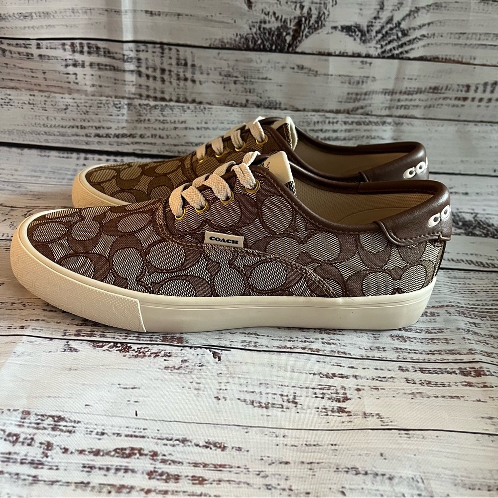 Coach Beige Monogram Low-Top Sneakers with White Soles - Picture 5 of 13
